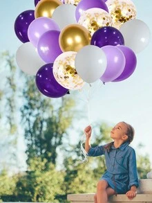 31 件 12 英寸深紫色金色白色五彩纸屑金属乳胶气球套装适用于生日情人节订婚婚礼派对用品新娘送礼会气球 - 彩色 - 查看 3