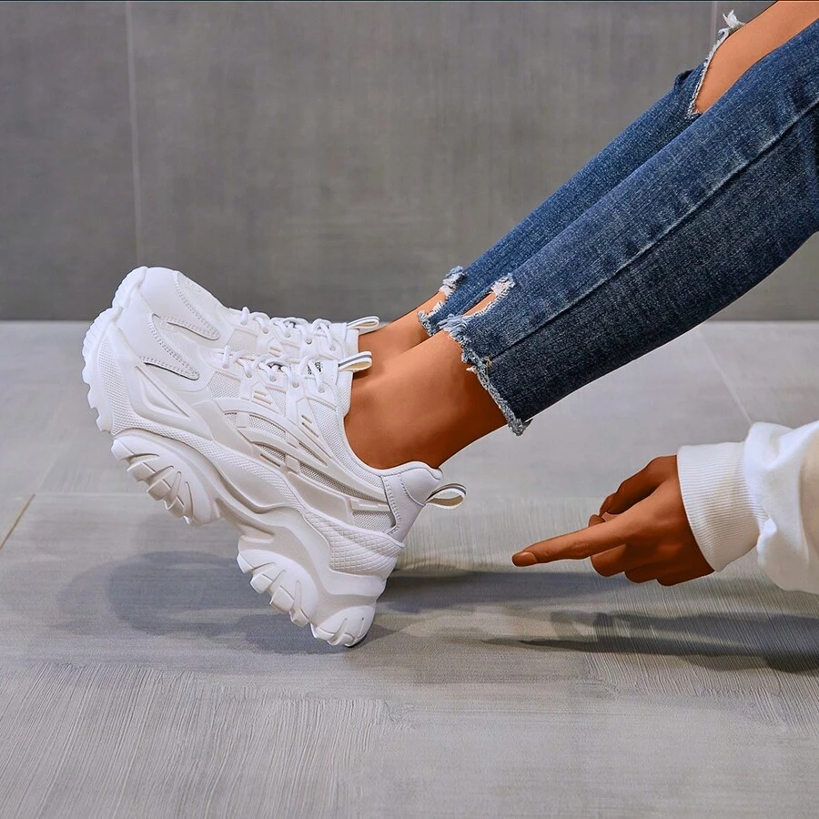 女士厚底运动鞋秋冬新款潮流学生舒适增高运动鞋休闲运动鞋 - 米色 - 查看 1