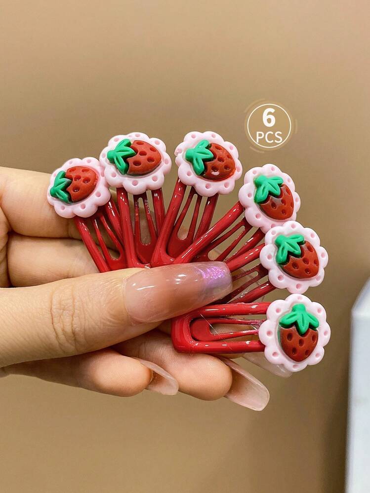 女の子用 赤とピンクの花、いちご柄ヘアクリップ 6個セット | SHEIN JAPAN