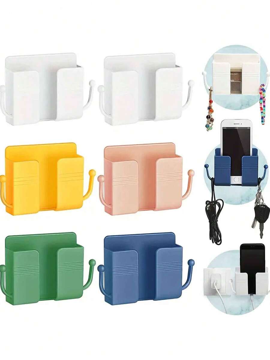 1只壁掛式手機架,自粘壁旁收納盒,塑料充電手機架,遙控壁掛式手機支架,零碎物品收納盒,臥室用品-色彩隨機 - 彩色 - 查看 1