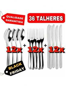 Jogo de Talheres 36 peças Aço Inox 12 Facas 12 Garfos e 12 Colheres de Mesa Casa e Cozinha - Cinza - Visão 1
