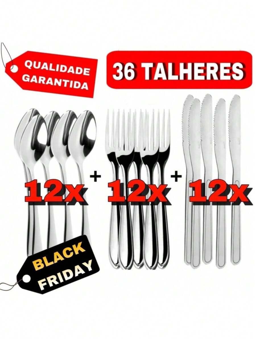 Jogo de Talheres 36 peças Aço Inox 12 Facas 12 Garfos e 12 Colheres de Mesa Casa e Cozinha - Cinza - Visão 1