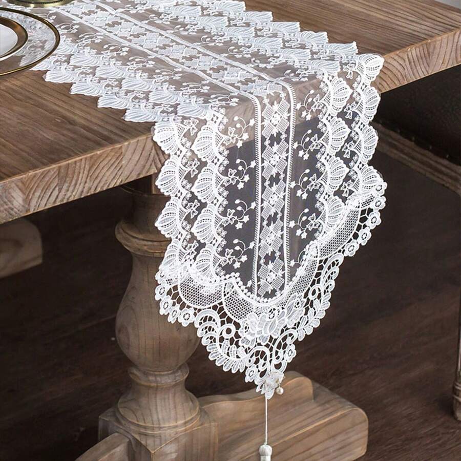 1 Miếng Ren rỗng Mô hình hoa Khăn trải bàn Với Tua , Polyester Chất liệu , Thích hợp Đối với Tất cả - Khăn trải bàn ren tua rua 1 chiếc - Xem 1