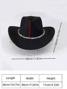 1頂[牛仔帽]秋冬款大邊軟牛仔帽,奢華的鑲嵌鑽石和流蘇裝飾,捲邊武士帽,適用於秋冬季,舞臺表演,派對 - 黑色 - 查看 5