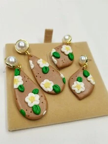 1對時尚手工3d花朵耳針,由軟陶製成,適合女性在晚會上佩戴 - 菱形 - 查看 5