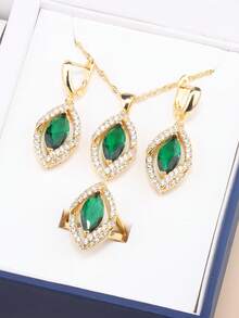 杜拜阿拉伯豪華優質婚禮配件18k金色珠寶女士項鍊和耳環新娘套裝可調節戒指尺寸,時尚女裝情人節禮物 - 不規則 - 查看 3