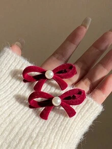 2pcs BurgundyFaux Pearl Plush Bowknot Hair Clips - 1pair - Burgundy - View 2