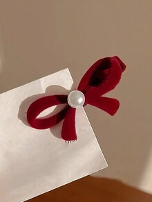 2pcs BurgundyFaux Pearl Plush Bowknot Hair Clips - 1pair - Burgundy - View 4