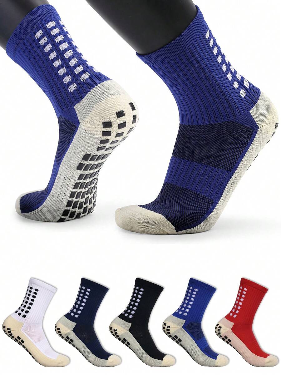 5雙運動保暖厚毛巾底男士中筒足球襪,帶防滑點設計 - 彩色 - 查看 1