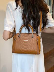 BELLEBORG 鱷魚紋實色女士時尚手提袋 - 棕色 - 查看 9