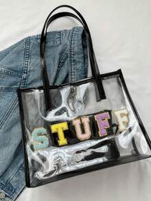 Pvc防水海灘手提袋,女士時尚大容量肩袋,透明通勤袋,多用途簡約信差包,流行紋理手提袋,此包具有美麗的車縫和滴型開蓋,簡潔優雅 - 黑色 - 查看 1