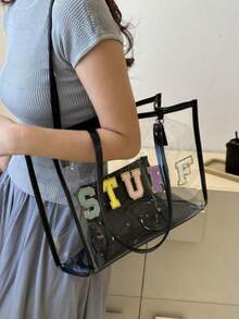 Pvc防水海灘手提袋,女士時尚大容量肩袋,透明通勤袋,多用途簡約信差包,流行紋理手提袋,此包具有美麗的車縫和滴型開蓋,簡潔優雅 - 黑色 - 查看 2