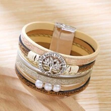 HX Inspirational Women's Multi-Layered Life Tree Design Leather Bracelet With Wide Cuffs & Gift Package - Khaki - View 1