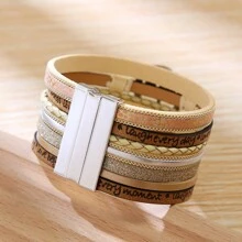 HX Inspirational Women's Multi-Layered Life Tree Design Leather Bracelet With Wide Cuffs & Gift Package - Khaki - View 5