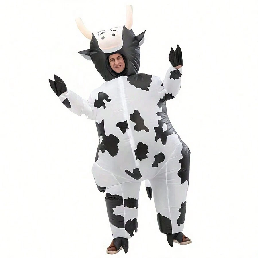 1pc Cute Inflatable Cow Costume Blowing Up Costume Performance Props Full Body Wear-On Costumes Easter Theme Farm Party Costumes - Black and White - View 1
