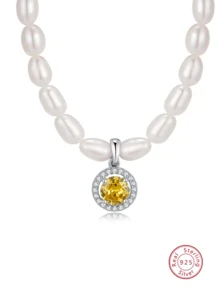 1 件优雅奢华 925 纯银仿珍珠装饰圆形吊坠项链，适合日常佩戴和高端宴会、万圣节礼物 [附专业测试证书] - 黃色 - 查看 2