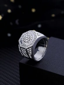 1pc Men's Hip-Hop Style Full Diamond Round Ring - Silver - View 1
