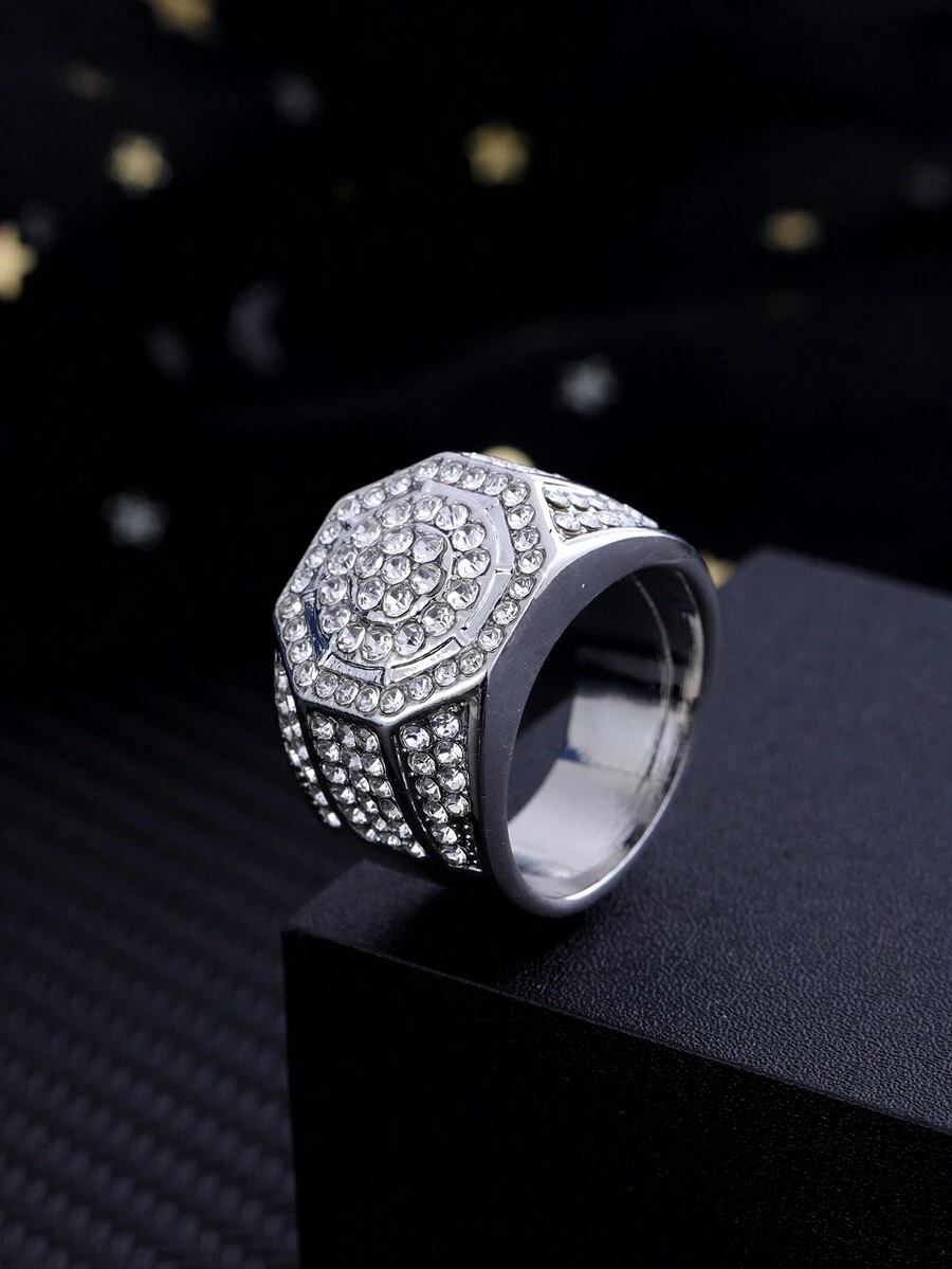 1pc Men's Hip-Hop Style Full Diamond Round Ring - Silver - View 1