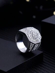1pc Men's Hip-Hop Style Full Diamond Round Ring - Silver - View 2