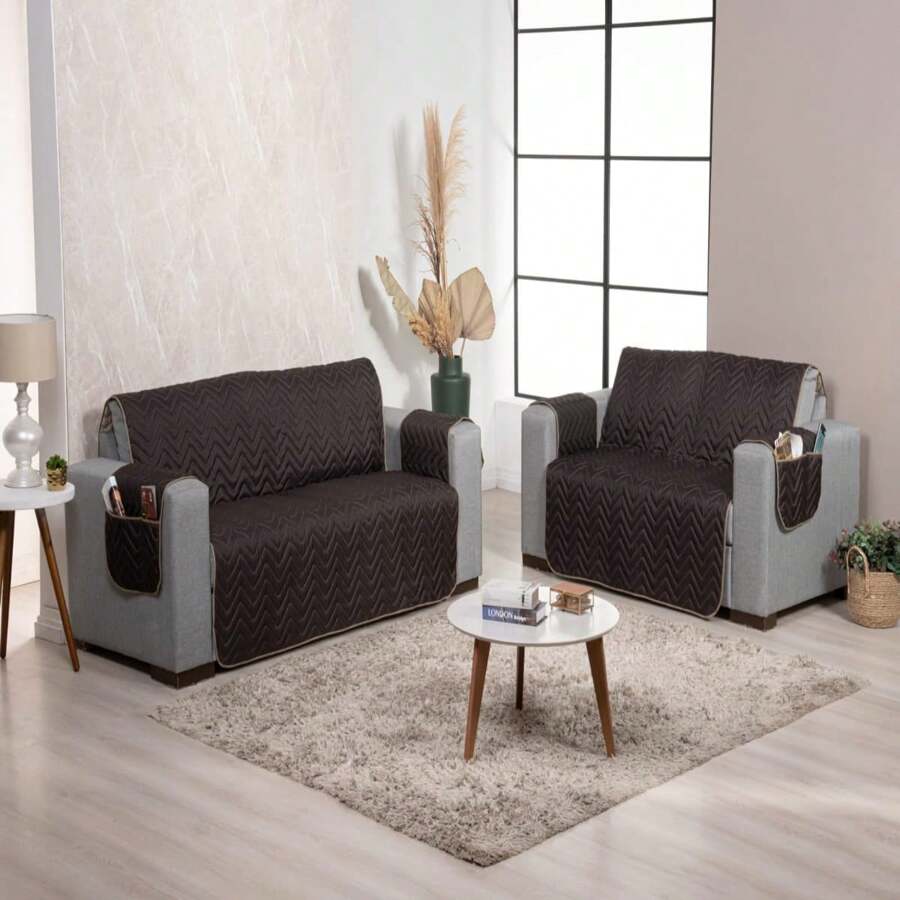 Protetor Capa de Sofá Kit 2 e 3 Lugares Dupla Face Matelado em Microfibra Sala Decoração - Marrom - Marrom - Visão 1