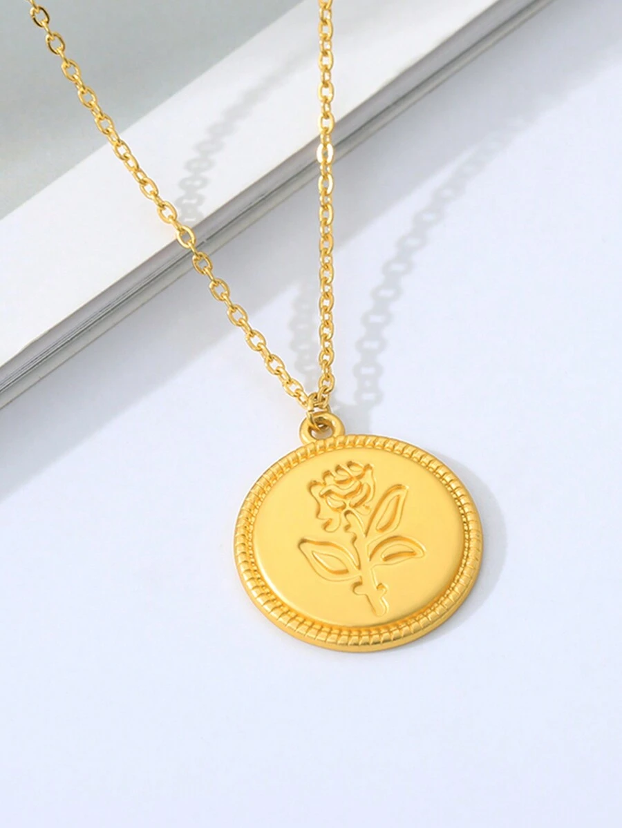 1 件歐式簡約雕刻玫瑰圓形吊墜項鍊女式復古鎖骨鏈項鍊情人節禮物時尚首飾 - 金黃色 - 查看 1