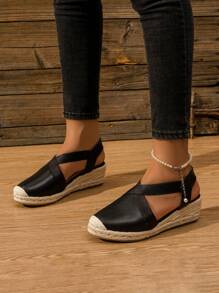 Cuñas con estampado de serpiente y tacones de cuerda de yute para mujer - Negro - Ver 7