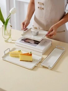 1 件轻奢奶白色银色细节托盘，用于放置物品、蛋糕、婚礼、节日、圣诞节礼物 - 米色 - 查看 1