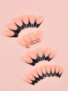 2款(共48枚)粉色短款法式壓著美甲,混合黑色法式假甲附愛心設計,附帶美甲工具、1塊美甲檔、1枚美甲膠條貼套裝,適用於女孩、媽媽、女性禮物和美甲用品 - 淺粉色 - 查看 5