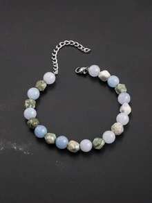1pc Exquisite Elegant Fashionable Stainless Steel Chain & Green/Blue Jade Beaded Bracelet, Men Party Gift - Multicolor - View 7