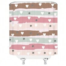 1pc Striped Shower Curtain With Heart Shape Rhinestone And Hooks - Multicolor - View 3