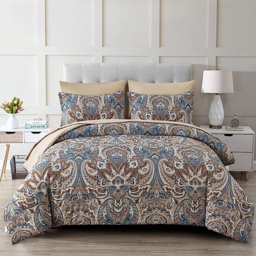 7 Pieces Paisley Comforter Set Queen King Bed In A Bag Comforter, Brown/Blue/Green/Pink Boho Paisley Pattern Bedding Soft Microfiber Queen Size Comforter With Sheet & Pillowcase,Wedding Items,Valentines Day Home Bed Room Decor,Easter Gifts,All Season