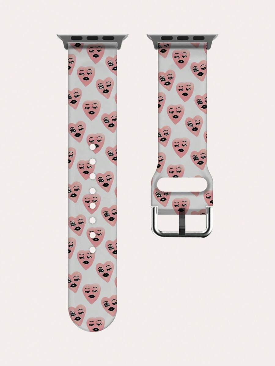 1pc Simple Heart Face Pattern White Tpu Watch Band Compatible With Apple Watch Ultra/Se/8/7/6/5/4/3/2/1, Suitable For 38/40/41/42/44/45/49mm - Pink - View 1