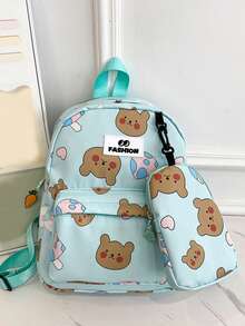 Cartoon Bear Printed Children's Backpack, Cute Toddler Kindergarten Schoolbag For Outdoor Activities, Large Capacity - Green - View 1