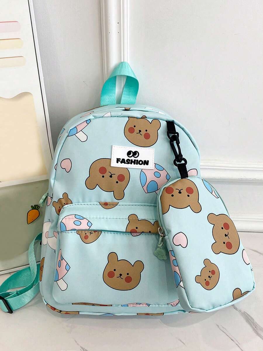 Cartoon Bear Printed Children's Backpack, Cute Toddler Kindergarten Schoolbag For Outdoor Activities, Large Capacity - Green - View 1