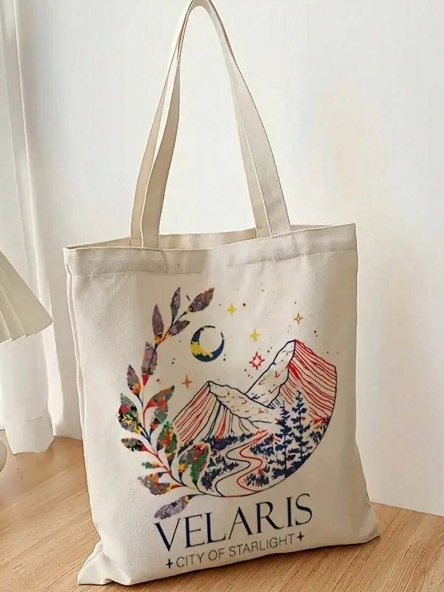 1個星光之城圖案帆布手提袋,購物袋,可攜式肩袋,大容量手提袋,兒童手提袋,可愛的肩袋 - 卡其色 - 查看 1