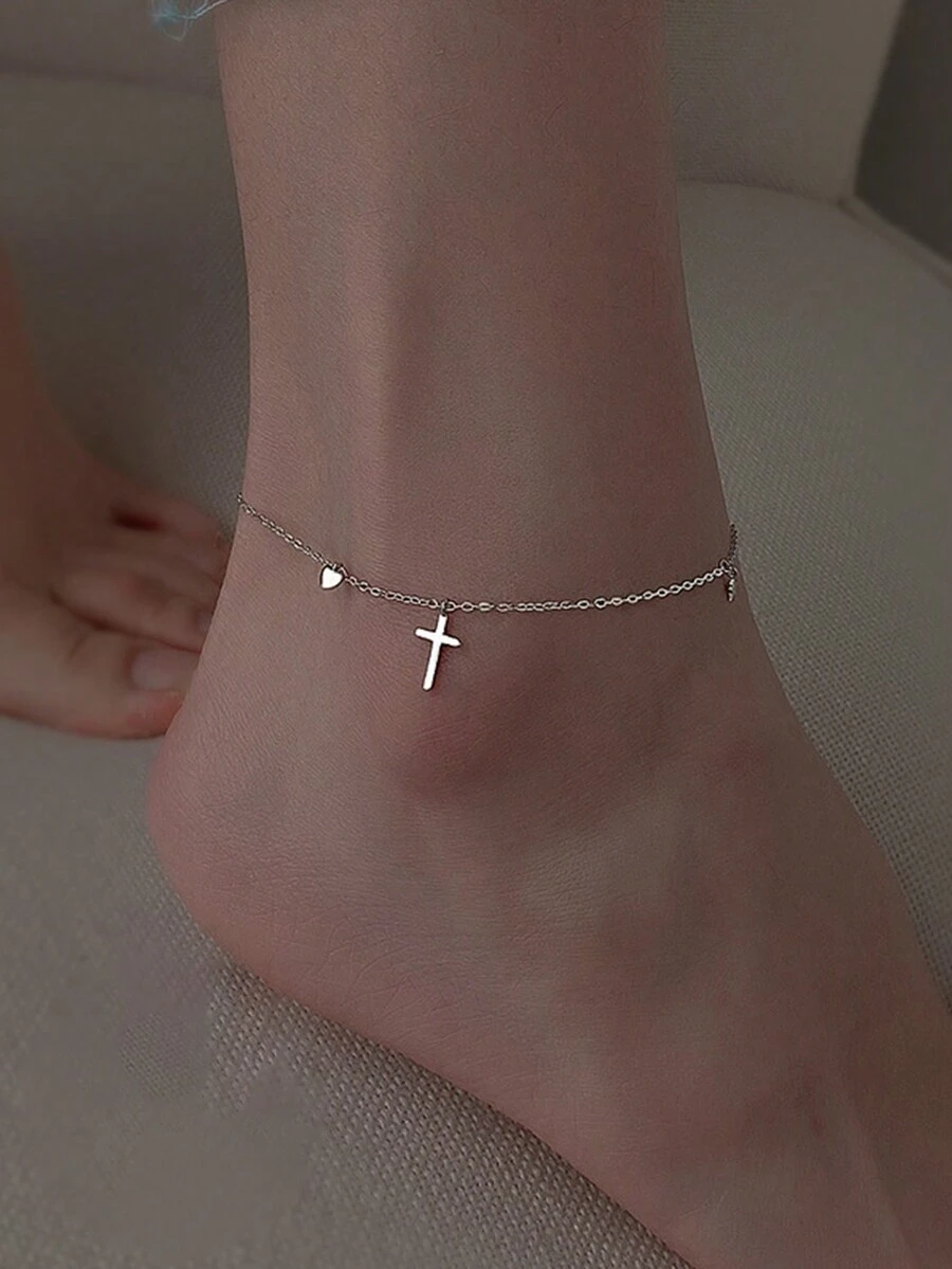 1 件 S925 純銀十字腳鍊女士海灘珠寶禮物 - 銀色 - 查看 1