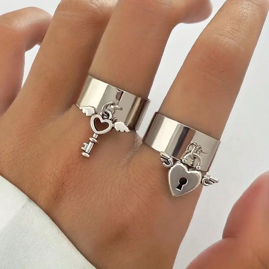 suteyi 2pcs Fashion Wide Ring With Cute Key / Lock Pendant Adjustable Cuff Ring Perfect Accessories For Couple Cheap Thing - Silver - View 1