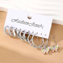 歐美風格彩色油滴C形蝴蝶吊墜耳環，女士甜美清新珍珠嵌入金屬耳環套裝 - style1 - 查看 3