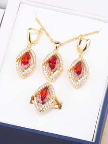 杜拜阿拉伯豪華優質婚禮配件18k金色珠寶女士項鍊和耳環新娘套裝可調節戒指尺寸,時尚女裝情人節禮物 - 不規則 - 查看 5