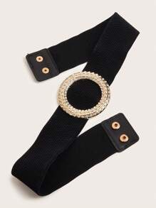 1pc Women's Simple Round Buckle Elastic Belt With Rhinestones, Suitable For All Seasons, Perfectly Match With Various Dresses And Coats - Black - View 4