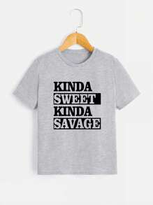 Boys' Round Neck Casual T-Shirt With Letter Print - Grey - View 1