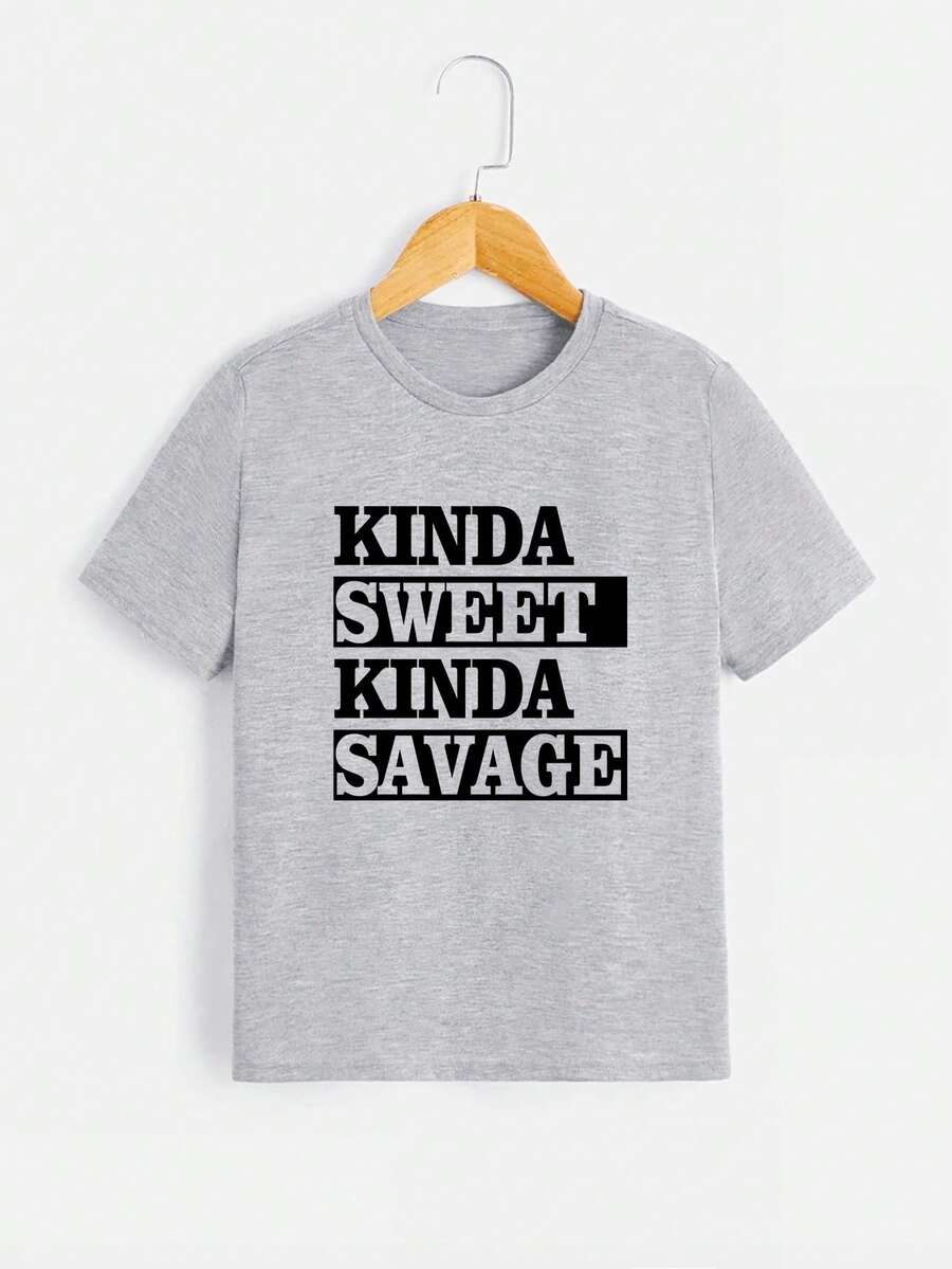 Boys' Round Neck Casual T-Shirt With Letter Print - Grey - View 1