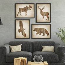 4入組復古鹿,老鷹,棕色熊動物畫布海報,家居裝飾藝術,圖案牆藝術裝飾,適用於客廳,臥室,辦公室,廚房,餐廳,酒吧,咖啡館,防水畫布繪畫,印刷藝術品 - 黃色 - 查看 3