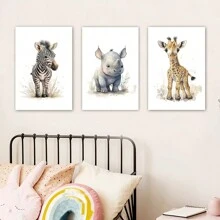 3入組畫布海報,現代藝術,可愛的大象、獅子、長頸鹿、老虎、斑馬,兒童房壁畫,畫布繪畫,動物海報,理想的臥室禮物,裝飾牆壁藝術,秋季裝飾,房間裝飾,不含相框 - 彩色 - 查看 1