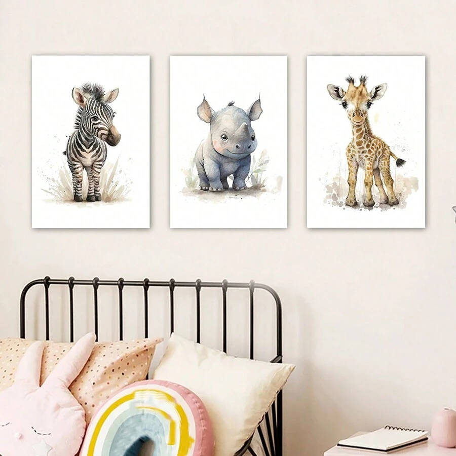 3入組畫布海報,現代藝術,可愛的大象、獅子、長頸鹿、老虎、斑馬,兒童房壁畫,畫布繪畫,動物海報,理想的臥室禮物,裝飾牆壁藝術,秋季裝飾,房間裝飾,不含相框 - 彩色 - 查看 1