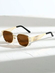 1 件男女通用方形框架奢华时尚眼镜，带镂空镜腿，经典款式，大胆设计，是日常佩戴、派对、驾驶和户外活动的必备美学配饰 - 金色 - 查看 11