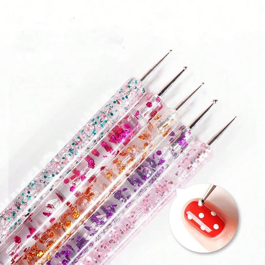 Set de 5 piezas de herramientas de punteado de uñas de doble extremo con soporte de bolígrafo de cristal para arte de uñas, un imprescindible para el salón de uñas - Multicolor - Ver 1