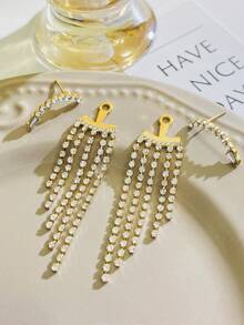1pair Glamorous Zinc Alloy Rhinestone Tassel Decor Earring Jackets For Women For Party - Yellow Gold - View 8