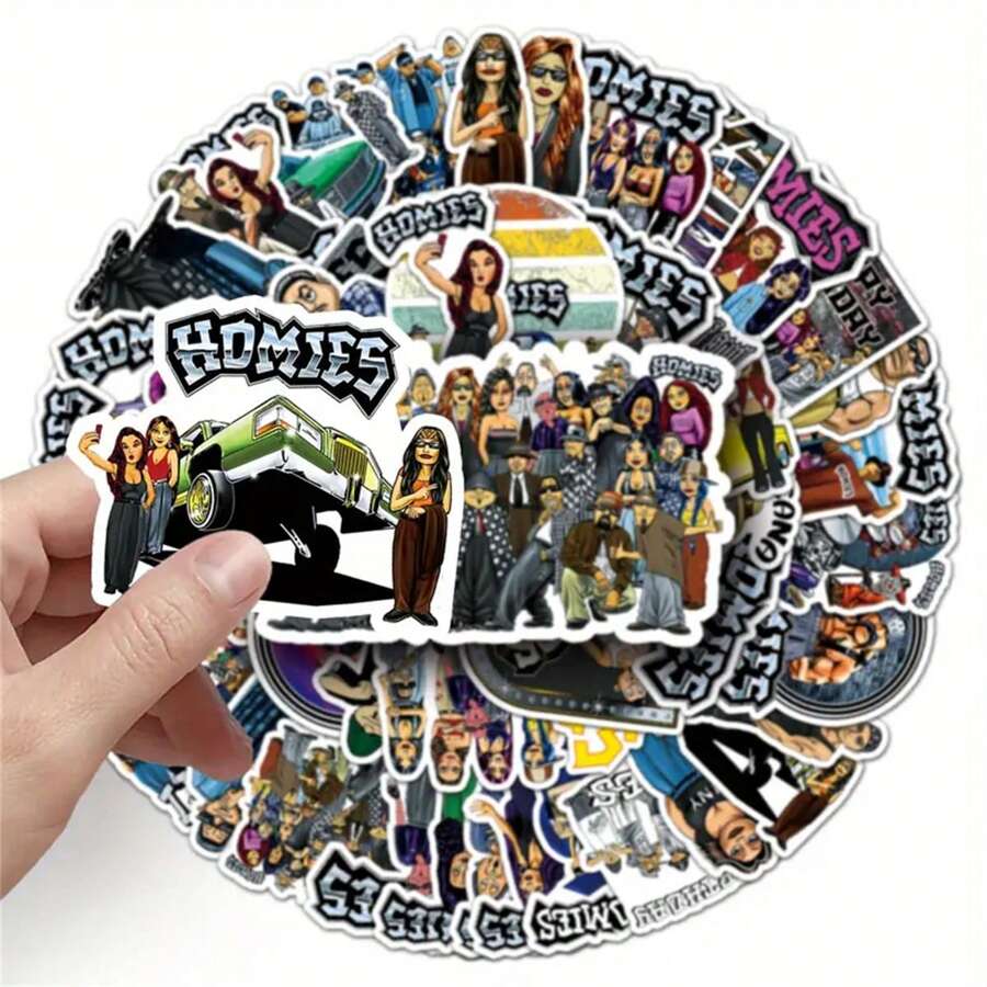 50 件 Homies 复古可爱搞笑爱心涂鸦艺术酷炫美学卡通防水贴纸包成人行李箱水瓶手机笔记本电脑滑板行李派对装饰 - 彩色 - 查看 1