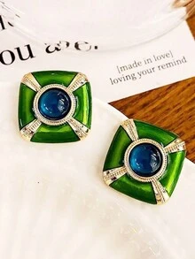 女士搪瓷復古綠色方形金屬耳環,簡約奢華個性化耳環 - 綠色 - 查看 3